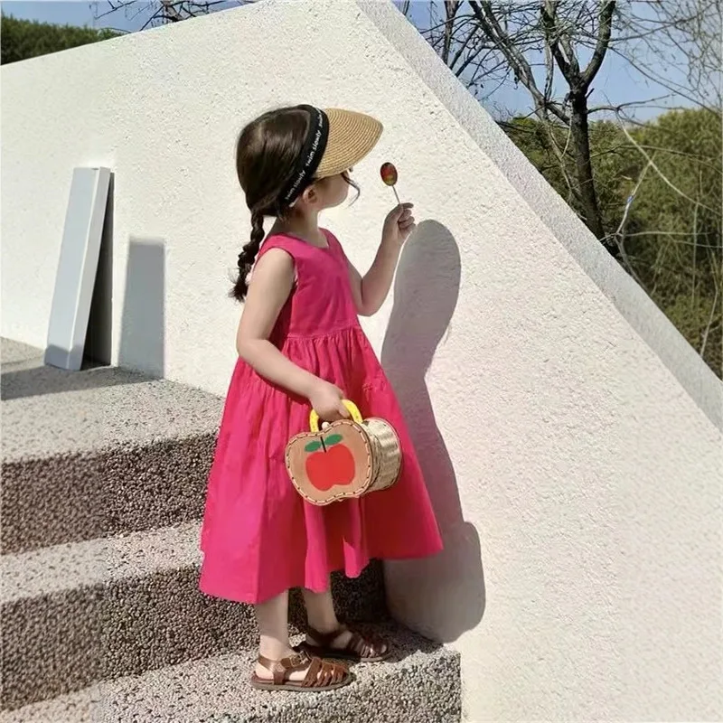 فستان بناتي صيفي جديد لعام 2025 النسخة الكورية فستان بدون أكمام للأطفال سترة قطن للأطفال بلون سادة فستان بمزاج بسيط