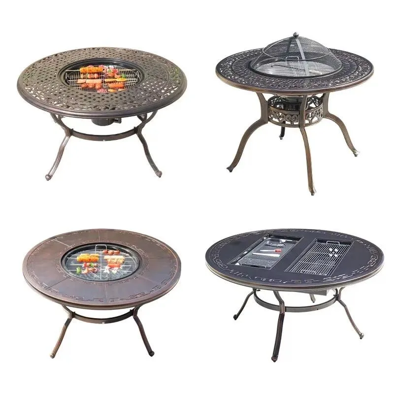 Outdoor Cast Aluminum BBQ Table with Waterproof Carbon Stove European Style Courtyard Household Furniture Combination