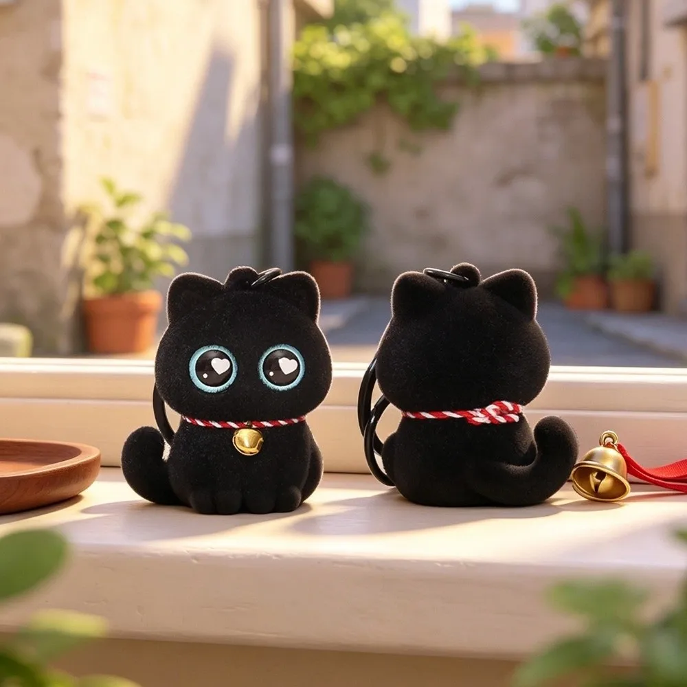 Cute Cartoon Animals Flocking Black Cat Keychain Small with Bell Collar Cat Bag Charm Cool Cat Key Ring Party Favors