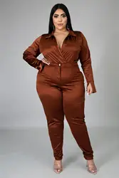 Conjunto de dos piezas de talla grande para mujer, Top corto con cuello de pico, traje informal liso, conjuntos a juego de talla grande, otoño e invierno, 2023