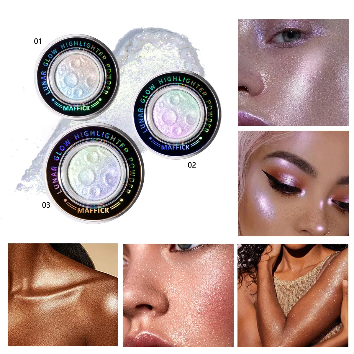 Iluminador en Polvo MAFFICK Lunar Glow, Brillo Iridiscente, Iluminador Planetario, Larga Duración, Maquillaje Facial y Corporal