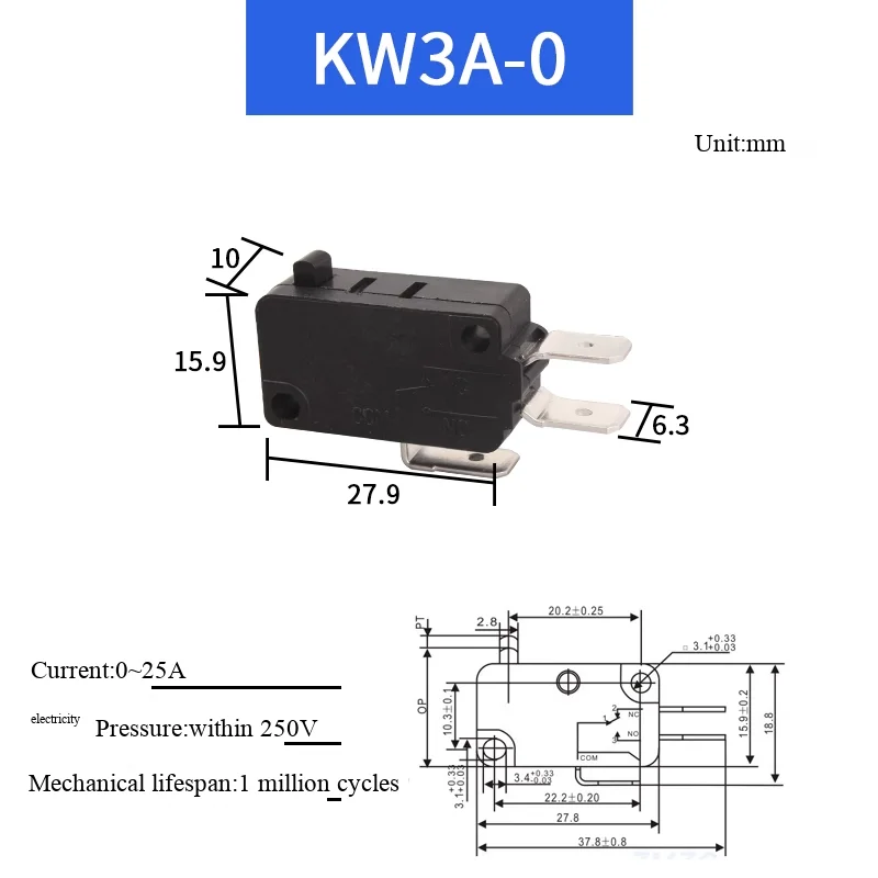 KW8-Serie Kupferkontakt Fußbreite 6,3 mm Großer Mikroschalter mit großer Schaltweglänge Mikro-Tastendruckschalter – Detail 3
