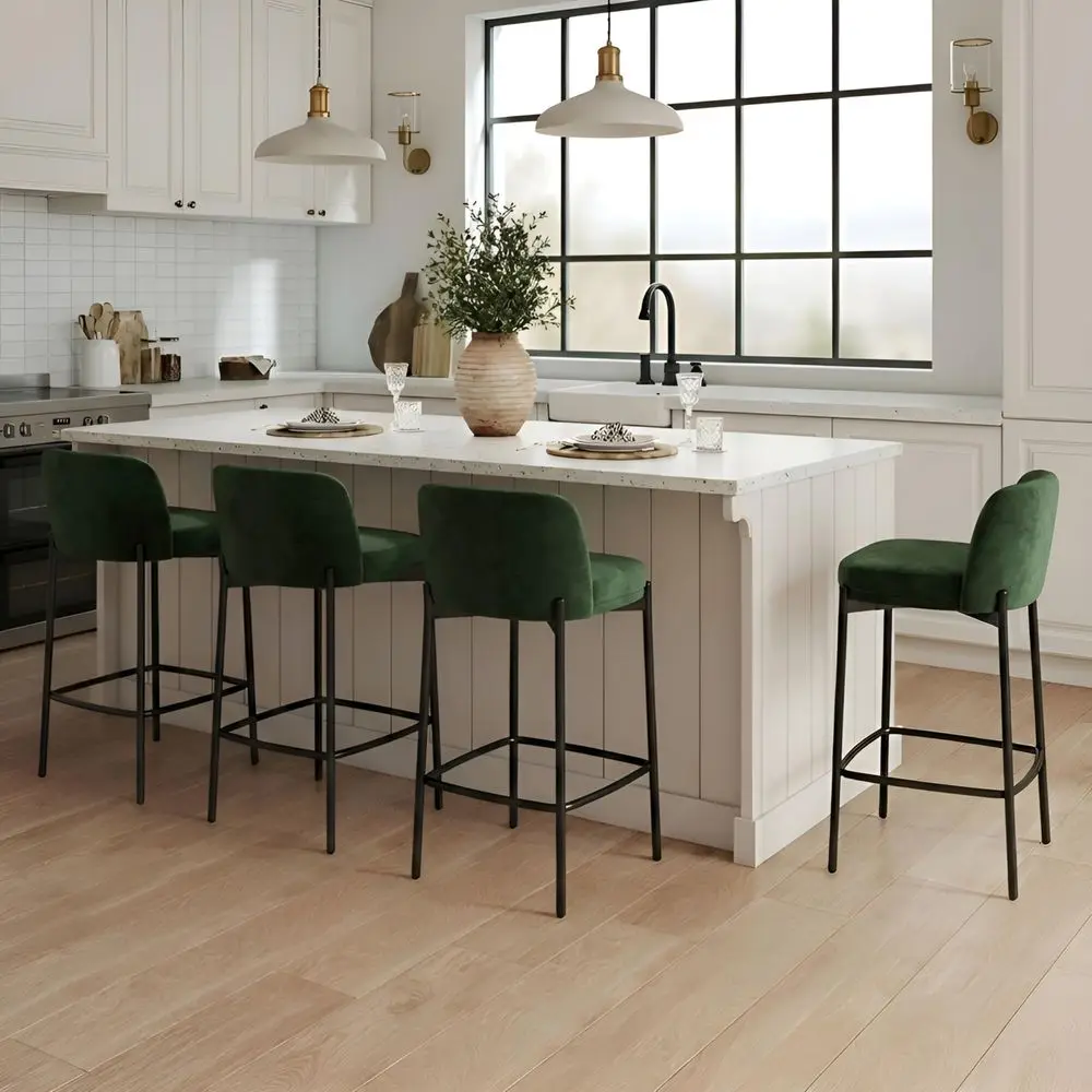 

Modern Chenille Counter Stools Set of 4, Green holstered Counter Height Bar Stools with Comfy Back, High Dining Chairs Kitche