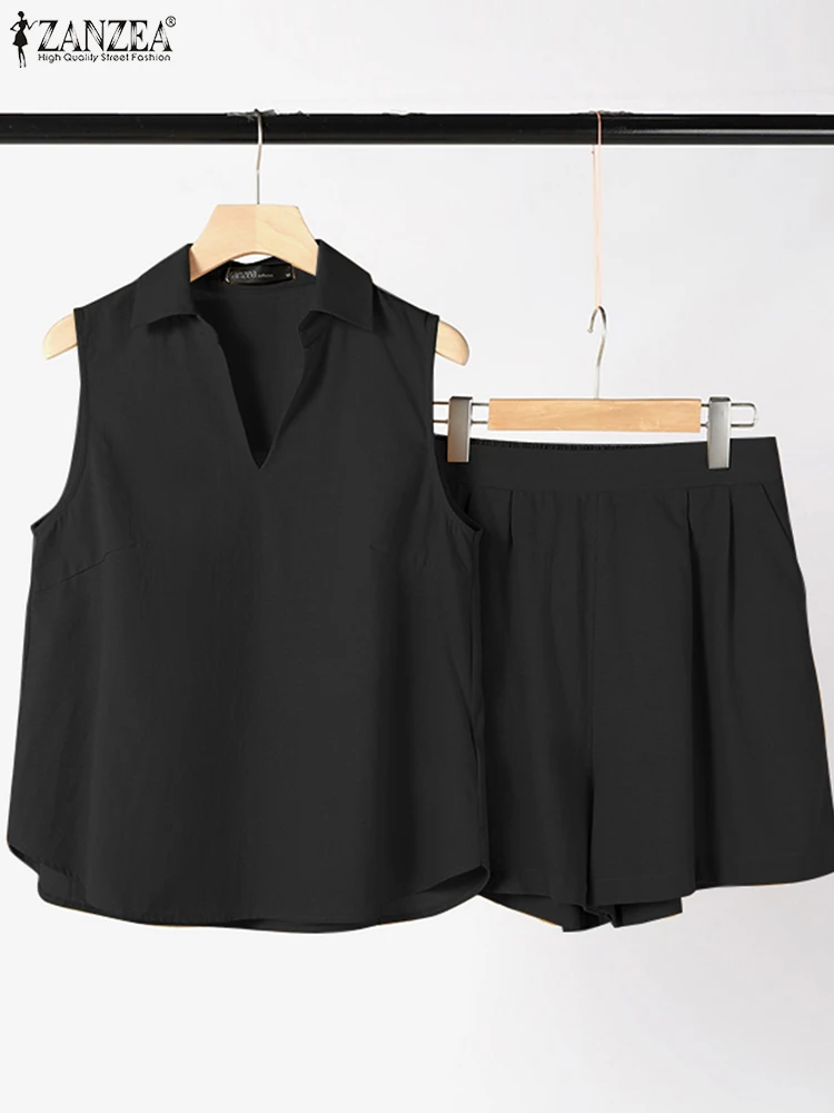 ZANZEA Summer Solid Matching Sets Women Shorts Suits 2PCS Fashion Sleeveless Blouse OL Short Sets Elegant Work Tracksuits 2024