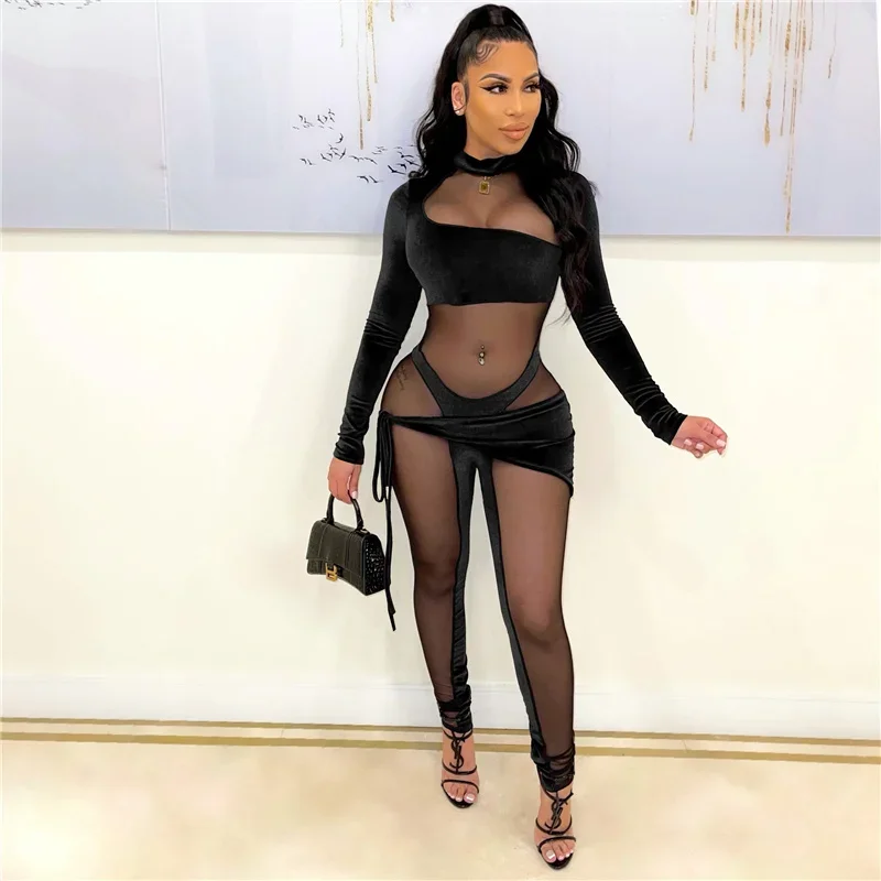 Sexy See-through Mesh Patchwork Velvet Jumpsuit Women Clubwear Long Sleeve Rompers Womens Jumpsuit Bodycon Overalls for Women