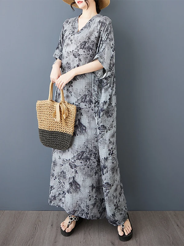 夏らしい花柄プリントのコットンリネンVネックワンピース、旅行や普段着に最適なゆったりとした半袖ロングスカート、体型を隠すツーリストドレス