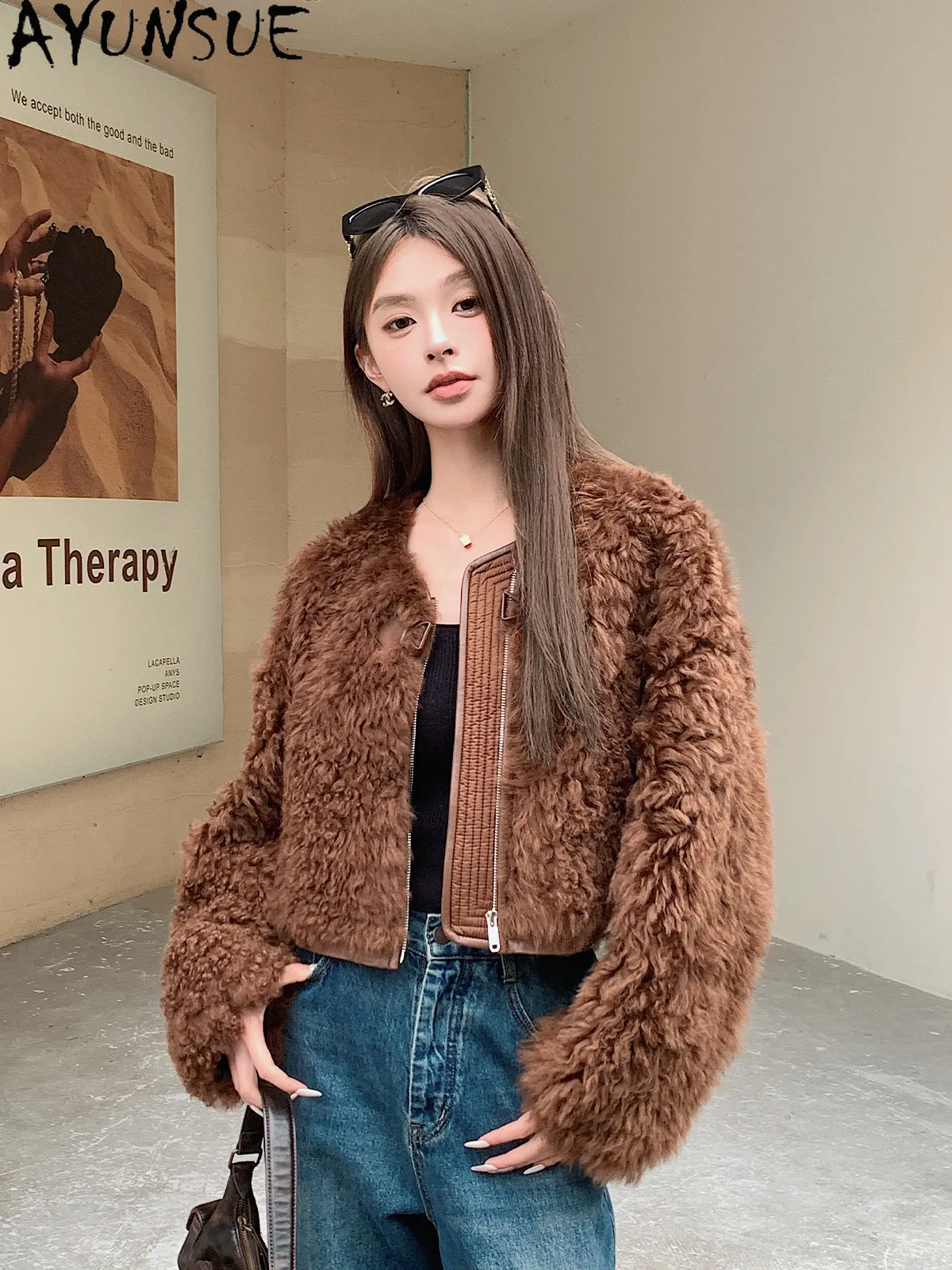 

AYUNSUE Natural Sheepskin Fur Coat Tuscany Real Leather Jacket Woman Winter Clothes Fashion Lamb Wool Womens Coats Abrigo Mujer
