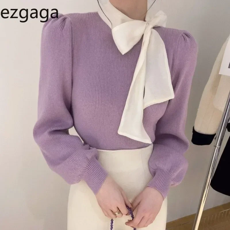 Ezgaga Office Lady Elegant Sweater Women Bow Ribbon Slim Stretch Long Sleeve Pullover Women French Style Chic Basic Tops