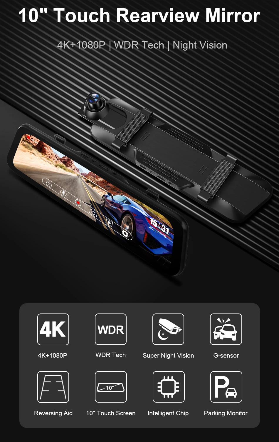9.66-inch Driving 4K HD Car Rearview Mirror Recorder Dual-lens Reversing Streaming Media Car Rearview Recorder