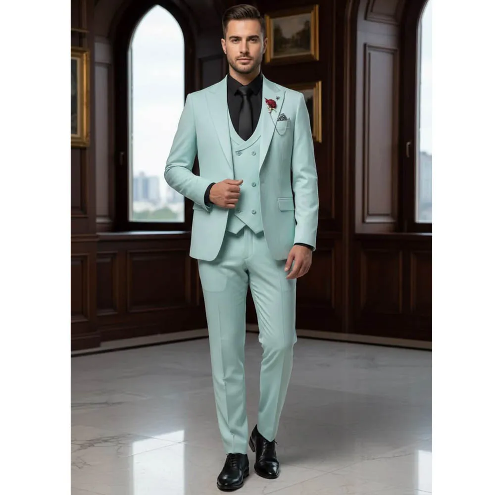 Chic Men Mint Green 3 Piece Suit Set Fashion Blazer Vest And Pants Formal Elegant Business Casual Party Wedding Groom Tuxedo