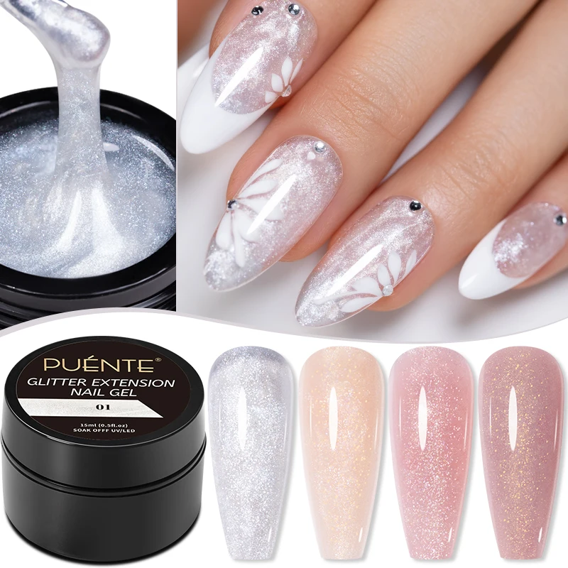 PUENTE 15ML Glitter Extension Nail Gel Sparkling Pink Glitter Fast Building Gel Polish Extend Nails Soak Off UV Nail Art Varnish
