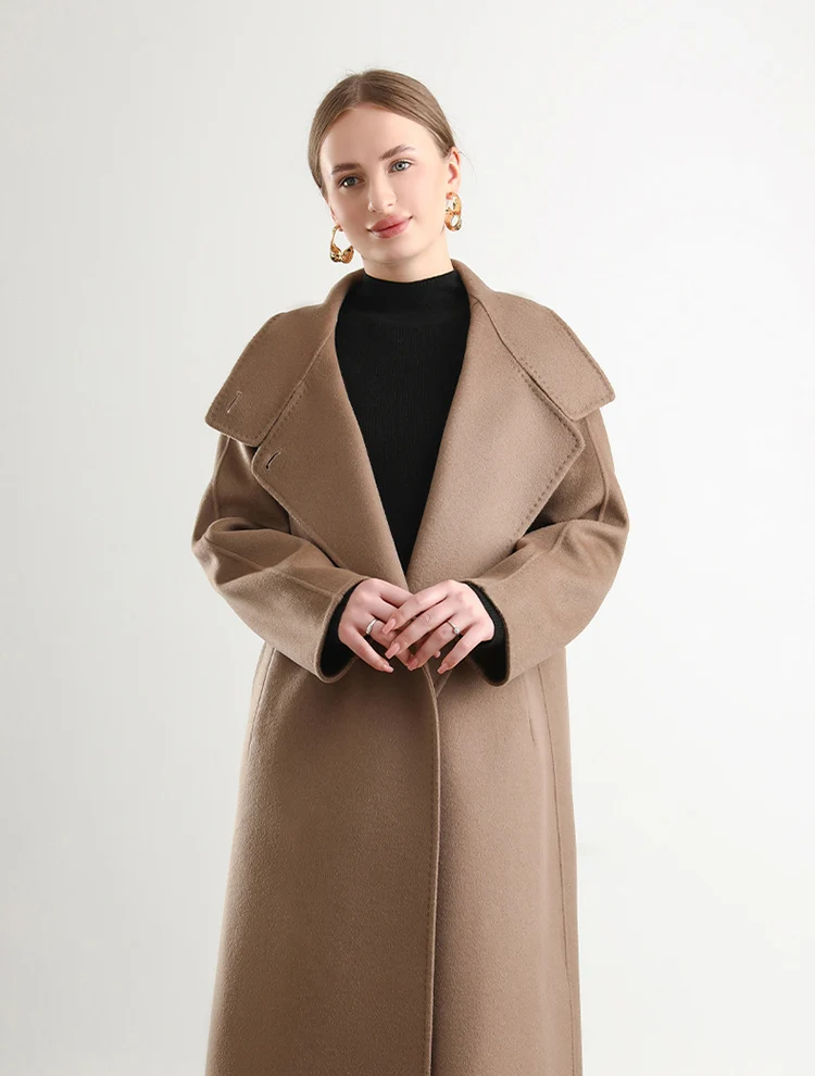 Pure Wool Trench Coat 100% Woolen Overcoat Dense Fabric New Women Turn-down Collar Handmade Long Coat Winter Jacket #20