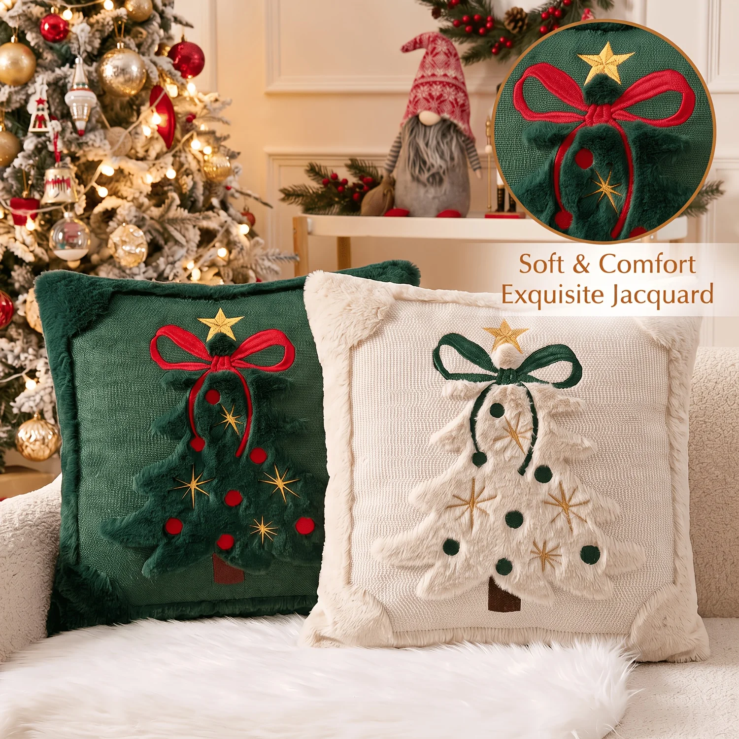 3D Christmas Tree Throw Pillow Covers Faux Plush Embroidered Xmas Tree Pattern Cushion Covers for Sofa Couch Home Decor