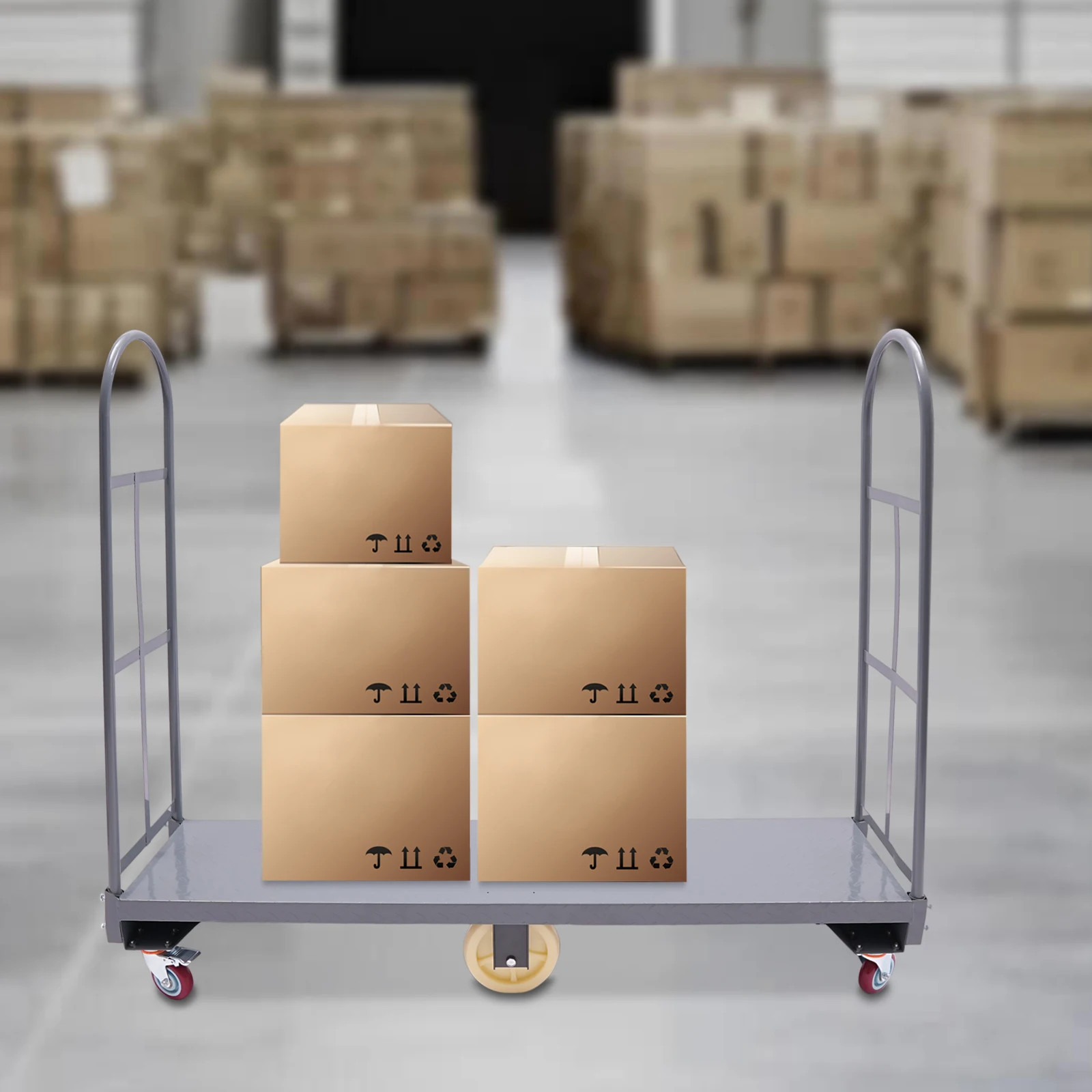 

Industrial Utility Cart, Steel Platform with 6 Silent Wheels & Removable Rails for Load Transport, for Warehouse/Logistics Use