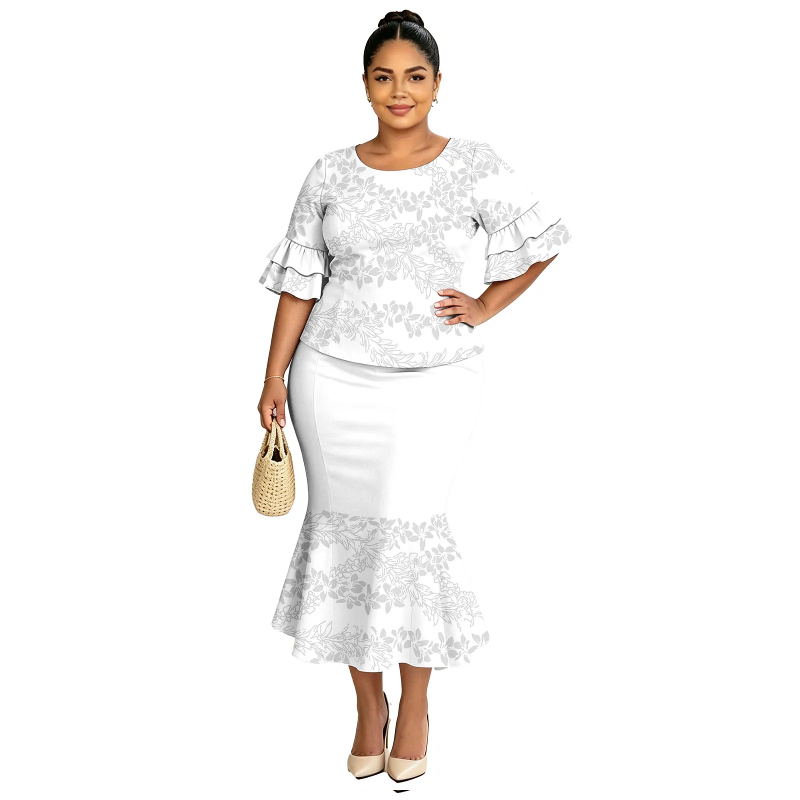 Hot Sale Holiday White Sunday Dress Clothes Ladies Cascading Petal Sleeve Puletasi Women Polynesia Samoan Puletasi Tribal Dseign