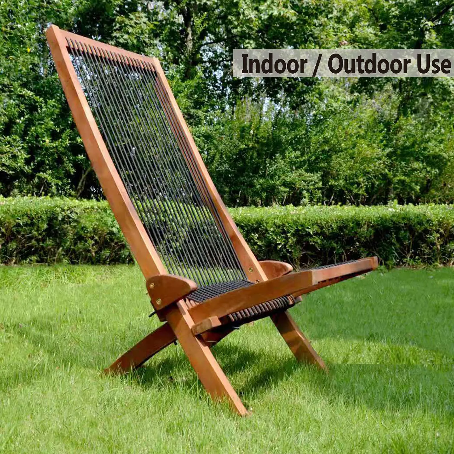 Rope Folding Chair Garden Lounge Chairs Set of 3, Solid Acacia Wood Low Profile Lounge Chair for Indoor Outdoor Handcrafted Pati