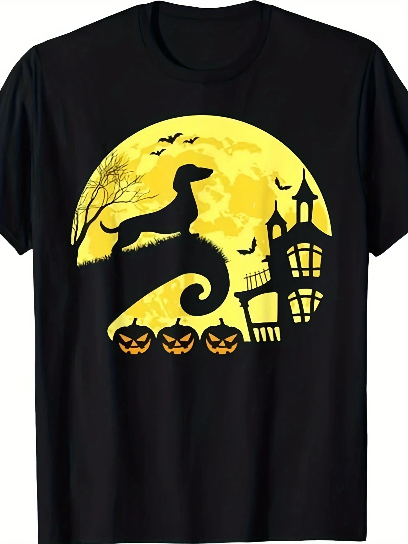 Halloween Dachshund Weenie Wiener Moonshine Sausage Dog Graphic T-Shirt - Vintage Style Unisex Short Sleeve Tee with Jack-O'-Lanterns & Bats Design, 220GSM Pure Cotton, Regular Fit for Men & WomeSame Style for Men and Women 2025 Summer Short-sleeved