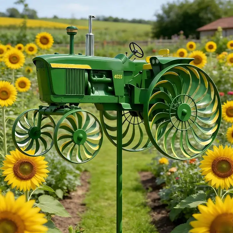 Green Tractor Windmill Stake Garden Wind Spinner with Rotating Wheel Unique Outdoor Sculpture Decor for Yard Patio Lawn