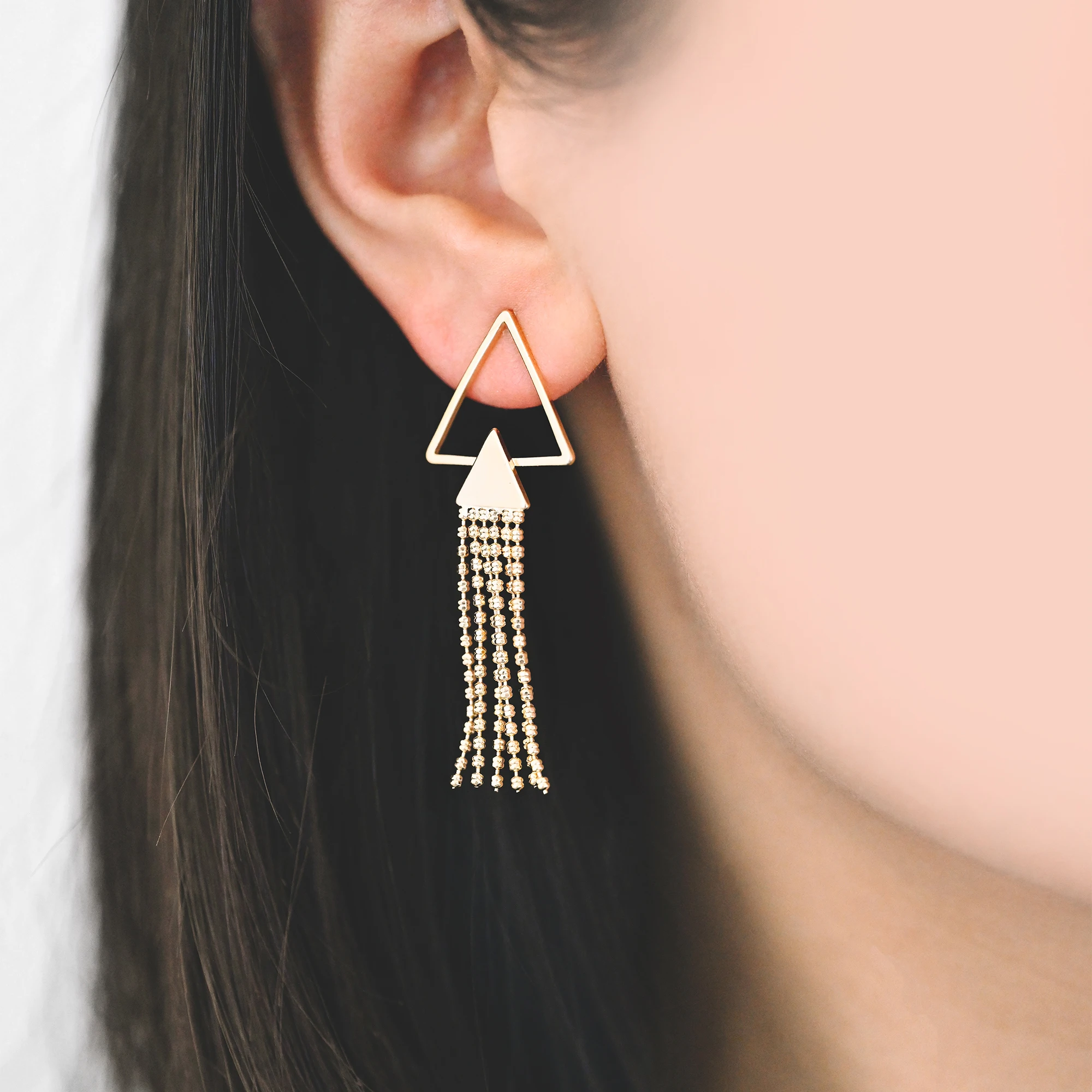 4pcs Gold/ Silver Tone Triangle Tassel Earrings 50x18mm, 18K Gold/ Rhodium Plated Brass Dangling Stud Earring (GB-4314)