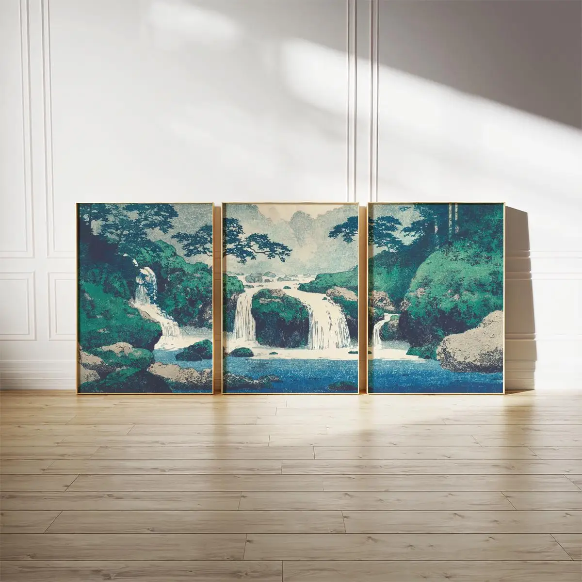 3pcs Japanese Vintage Waterfall Spring/Summer Landscape Poster Set Minimalist Tree, Rivers Frameless Canvas Home Decor for Ro