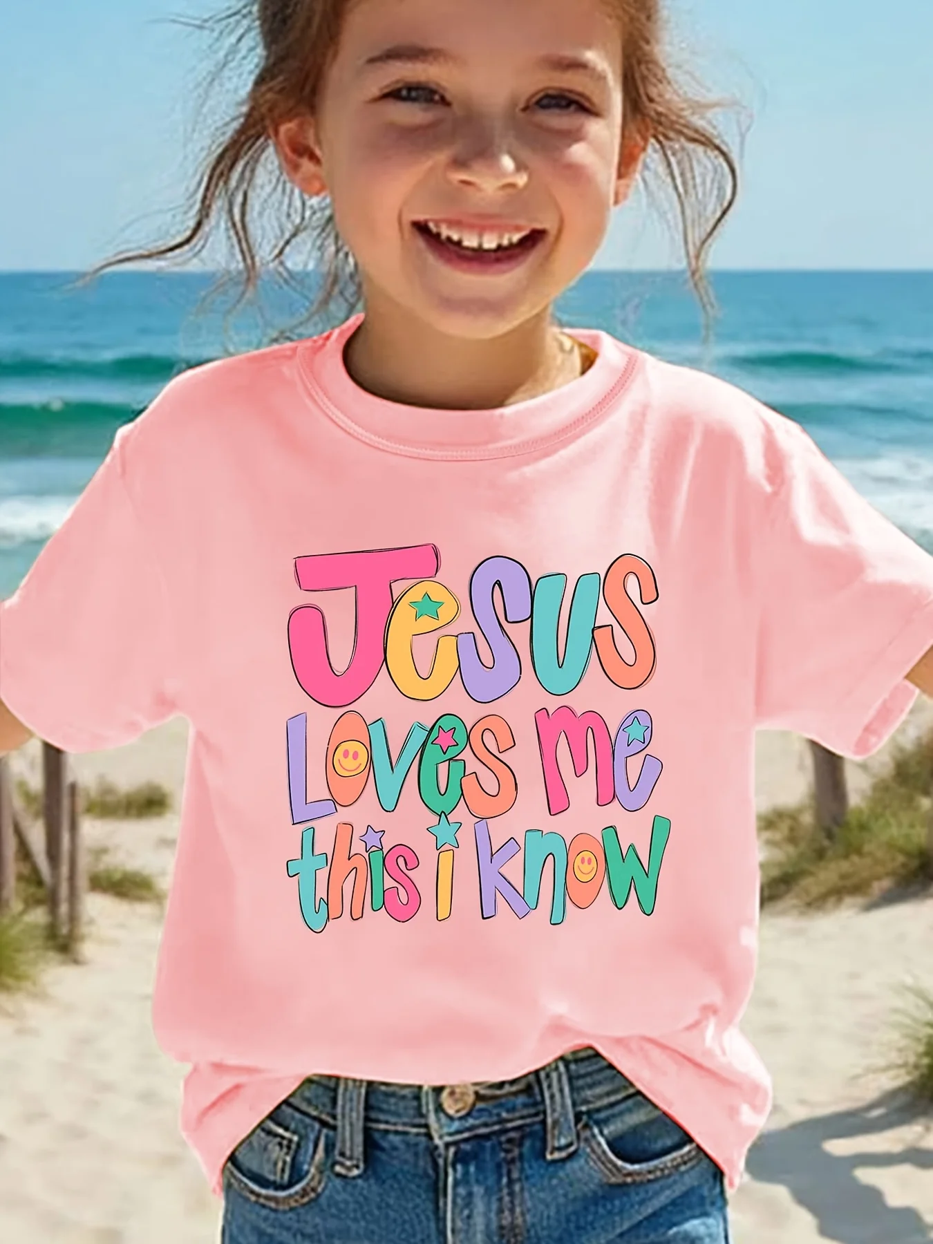 Girls Tee Jesus Loves Me This I Know Colorful Letter Star Smile Print Soft Cotton Kids Summer Religious Parent-child T Shirt