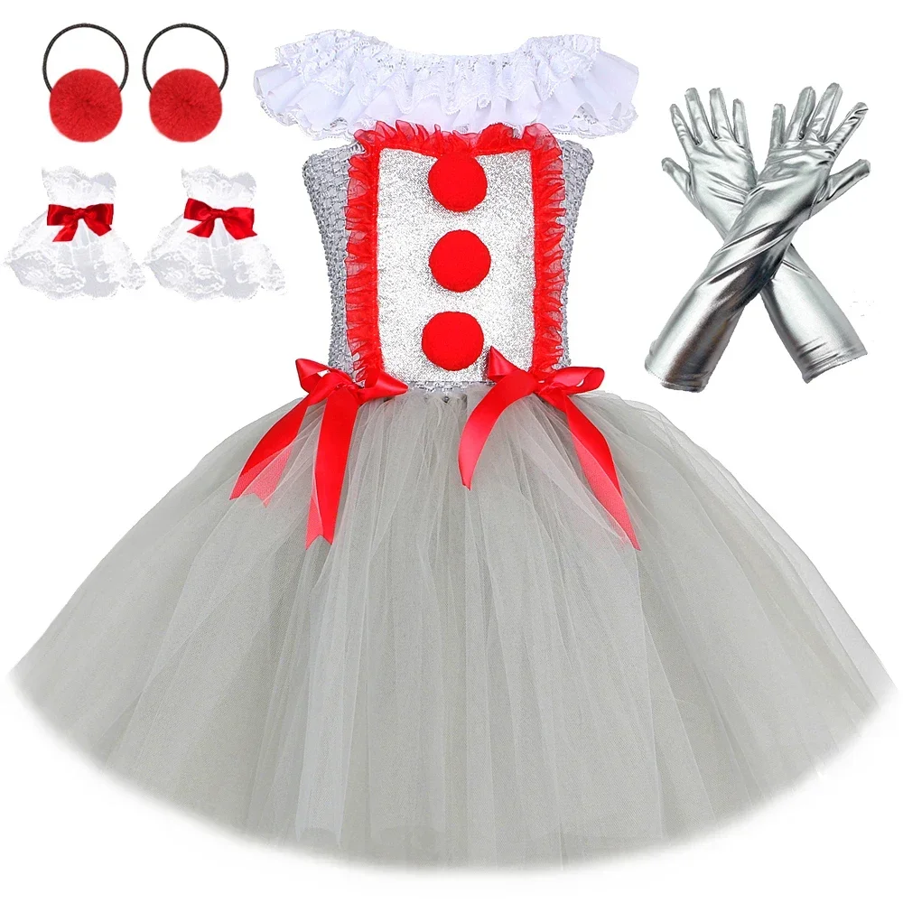 

Creepy Clown Pennywise Costume for Girls Halloween Tutu Dress Set Toddler Fancy Carnival Party Gray Joker Dress Up Clothes