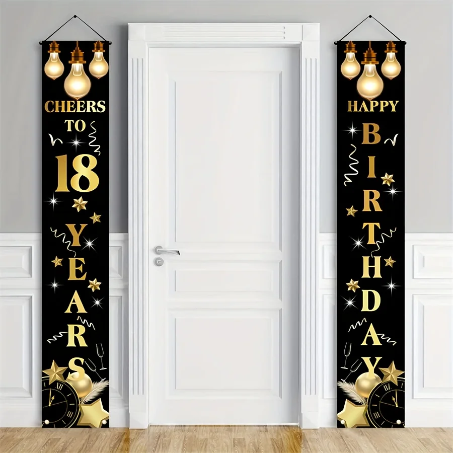 2D-Flachbanner, 1 Paar Schwarz-Gold 18. Geburtstags-Dekorationen, 18. Geburtstags-Themen-Türhänger, zum Gedenken an – Detail 3