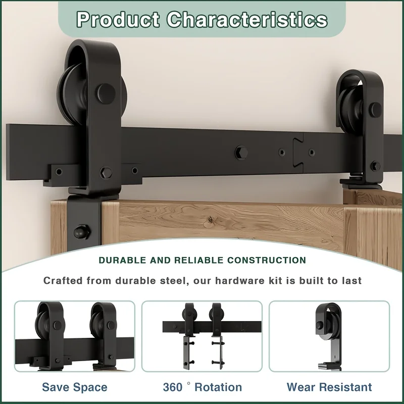 Space saving folding barn door hardware kit with smooth slide rail system and side mounted rollers - metal finish