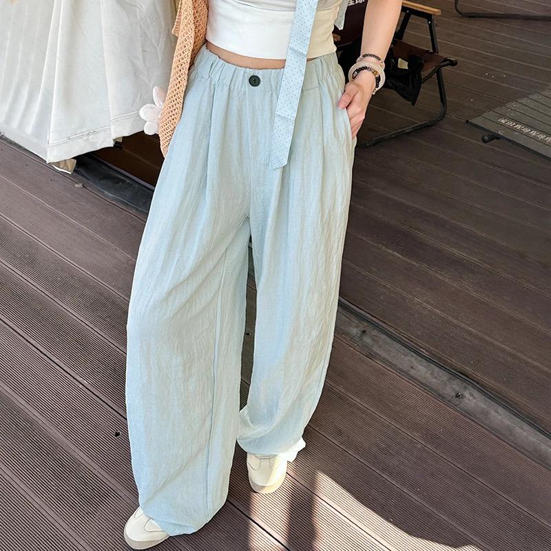 Women's Lyocell Linen Pants Summer Commuter Blue High Waist Wide Leg Pants Elastic Waist Loose Straight Leg Casual Trousers