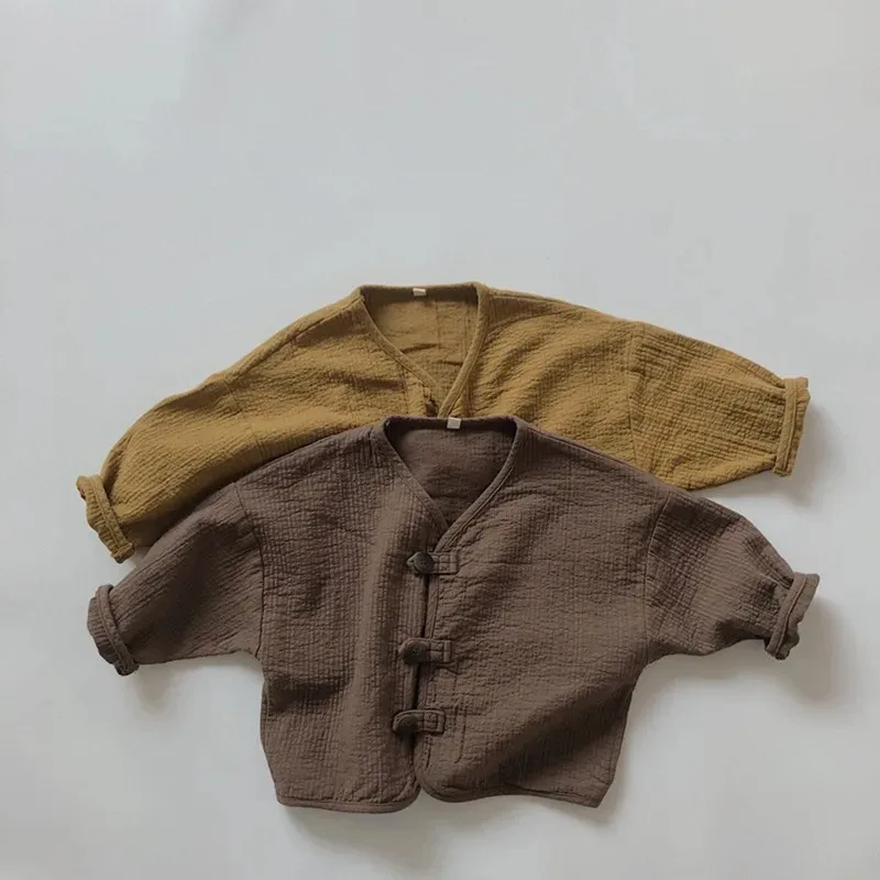 

Spring Baby Boys Cotton Linen Coats Korean Style Retro Solid Color Children Cardigan Tops Toddlers Kids Casual Jackets