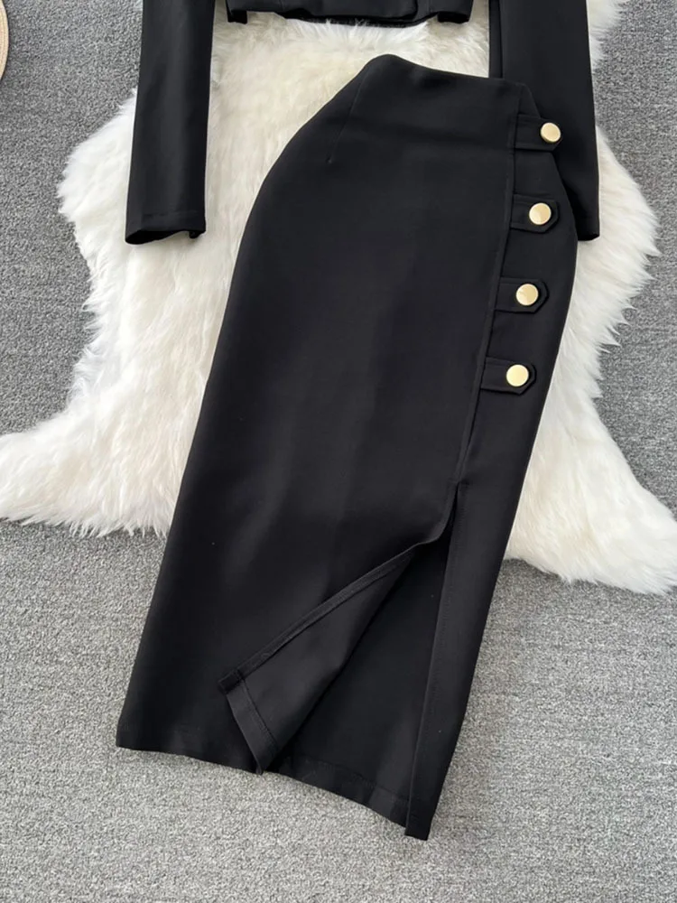 Sexy 2 Piece Outfit Short Set Women Korean Fashion Elegant Ladies Clothes Cropped Suit Blazer Coat High Waist Slit Skirt Autumn