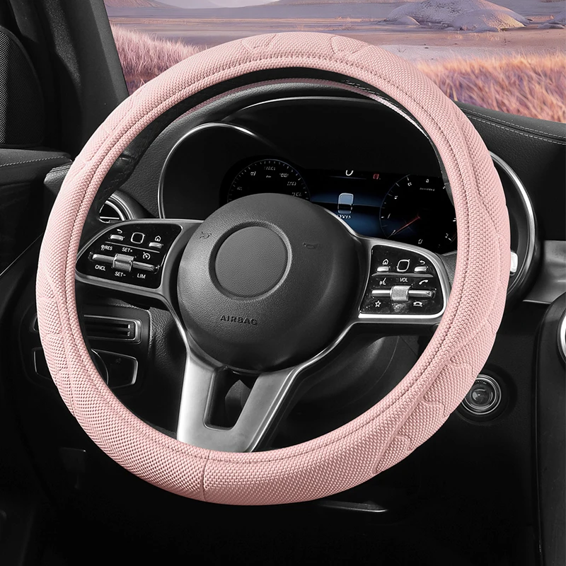 SOGLOTY Universal Steering Wheel Cover Pearl Texture Woven Fabric Non-Slip Round D Double D Shape 38cm All Season