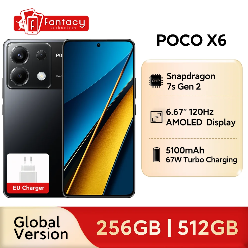 Global Version POCO X6 5G Snapdragon 7s Gen 2 120Hz Flow AMOLED Display 67W Charger 64MP Camera with OIS NFC