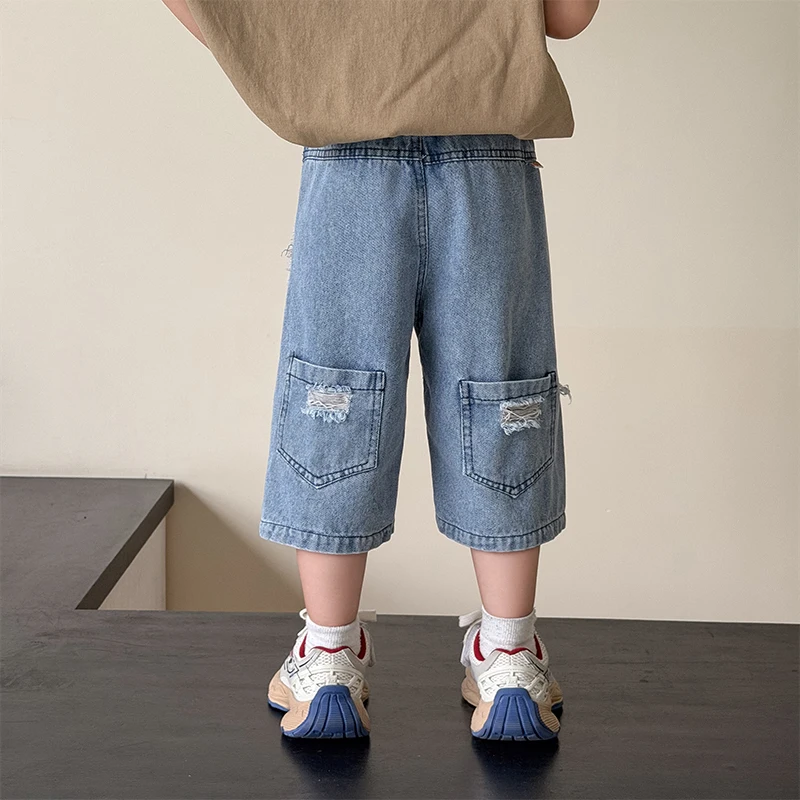 Toddler Boys Fashion Hole Baggy Denim Shorts Ripped Kids Child Loose Solid Elastic Waist Summer Jeans Shorts 8 10 11 12 13 14Yrs