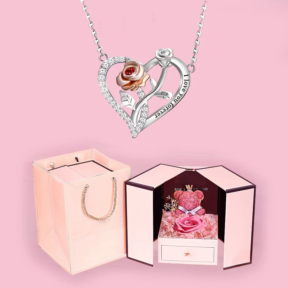 I Love You Forever Necklace With Cute Bear Rose Flower Gift Box For Girlfriend Birthday Romantic 2024 New Fashion Jewelry