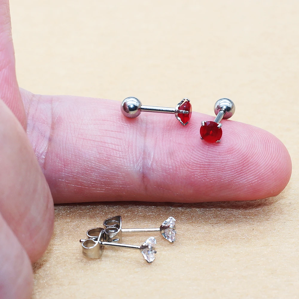 Stainless Steel Earrings Screw-back 4MM O-Red Cubic Zircon Stud Style Hypoallergenic Fashion For Women