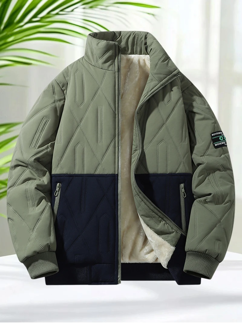 Winter Jacket Men Quilted Parka Jacket Patchwork Design Streetwear Warm Faux Fleece Lined Thicken Jacket Men Outerwear Coats