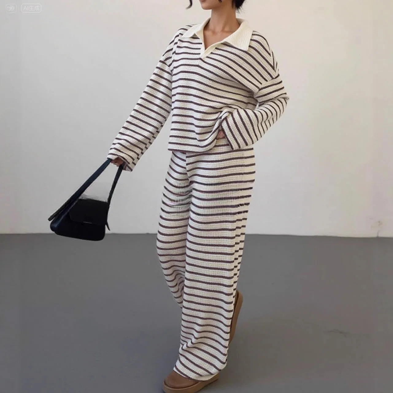 ชุดเซ็ตสองชิ้น เสื้อถักพิมพ์ลายแฟชั่นใหม่ + กางเกงขายาวทรงกว้าง ชุดลำลองสำหรับผู้หญิง ฤดูใบไม้ร่วง เสื้อและกางเกงลายทางทรงหลวมสำหรับผู้หญิง