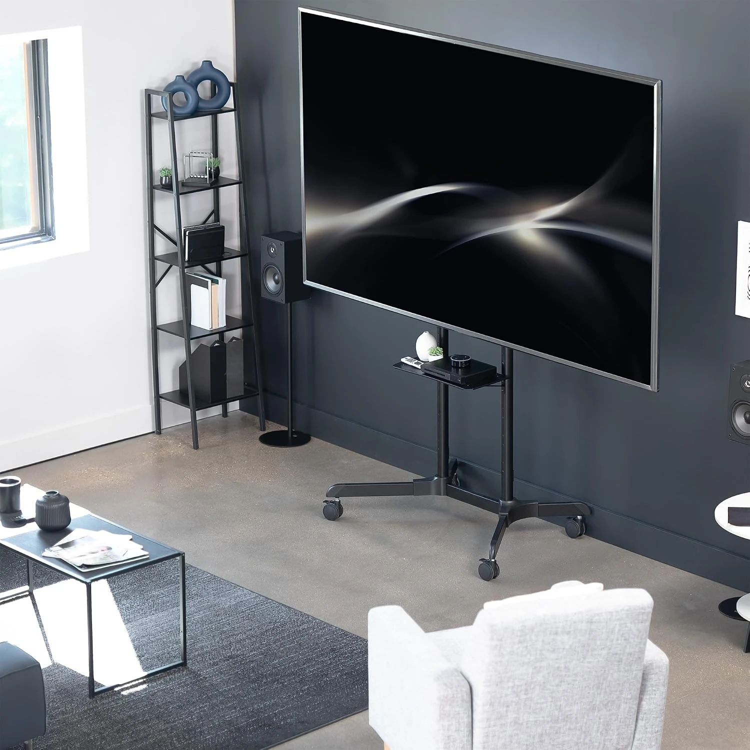 Mobile TV Cart Rolling Television Floor Stand For Living Room Classroom Conference Presentation, Heavy Duty Display Holder Mount With Laptop Storage Shelf And Locking Wheels, Modern Style, Black, 1 Piece