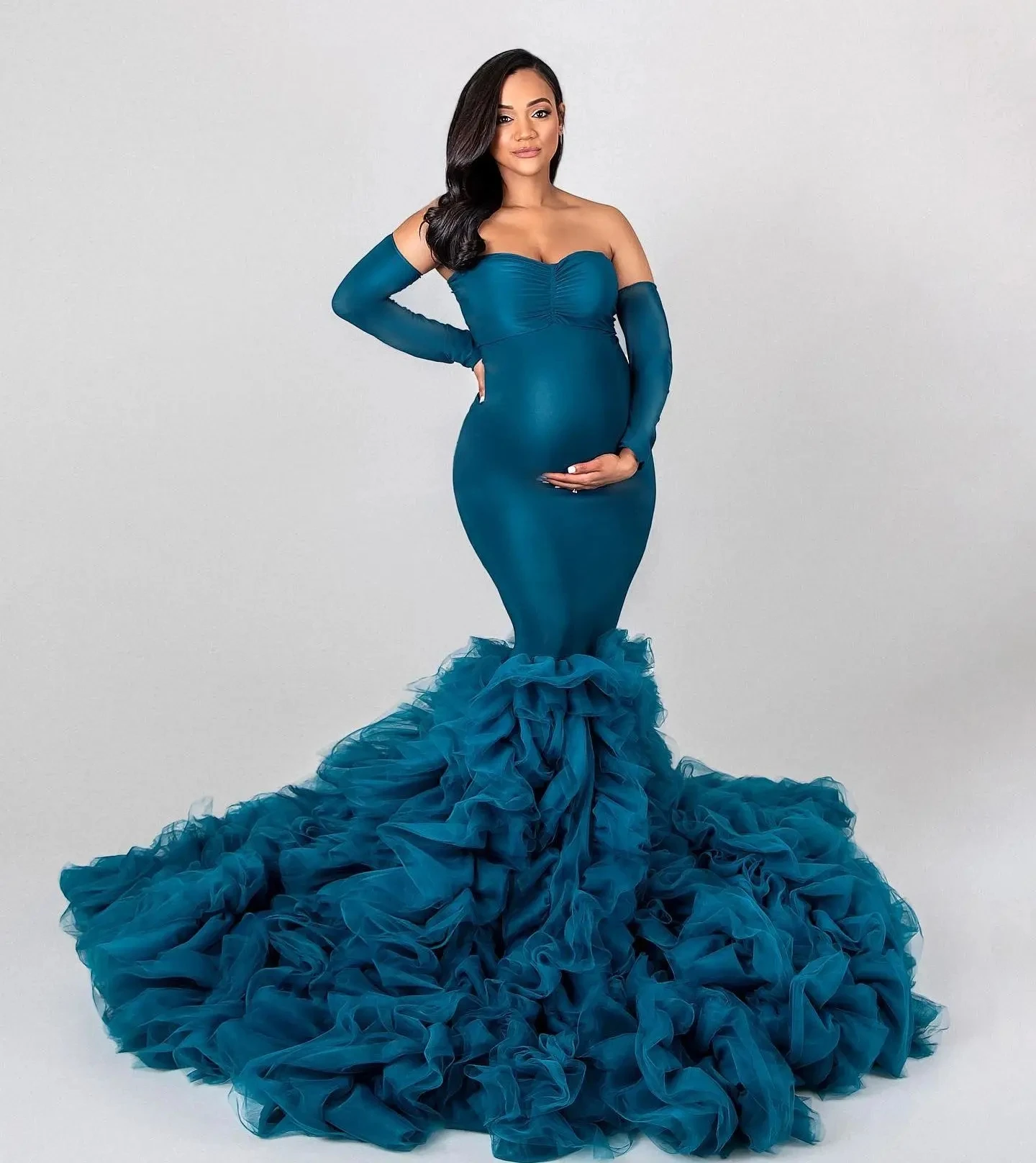 Teal Blue Mermaid Maternity Dress for Photo Shoot Off Shoulder Sweetheart Maternity Gowns Sexy Spandex Baby Shower Dresses 2024