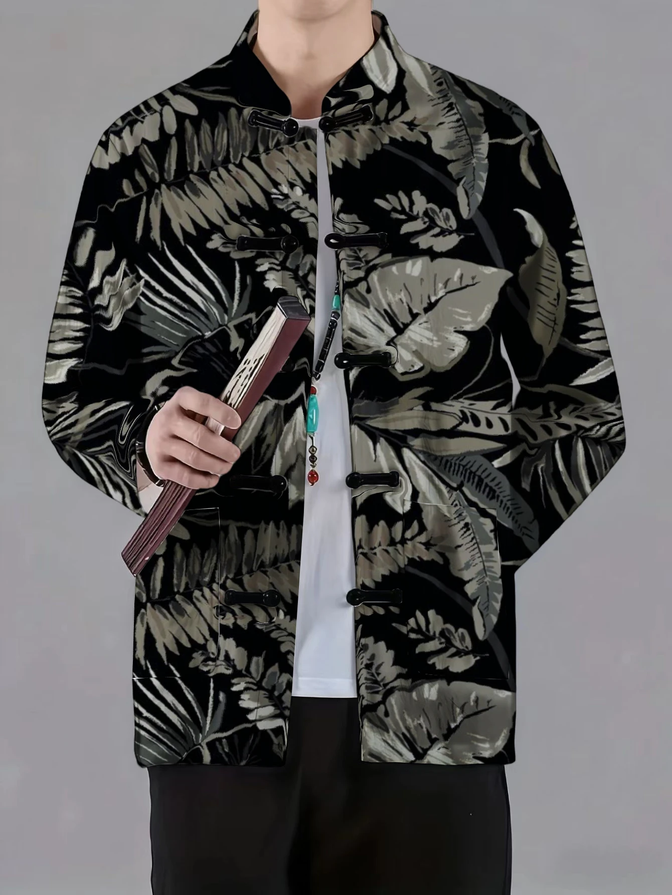 Men Mandarin Collar Frog Button Jacket Tropical Fern Foliage Art Print Traditional Outerwear