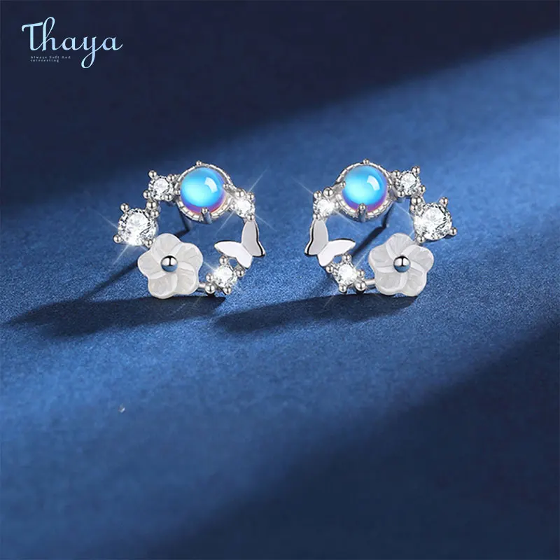 

Thaya Genuine S925 Silver Flower Earrings for Women Moonstone Fashion Elegant Earring Stud Party Jewelry Gifts for Friend