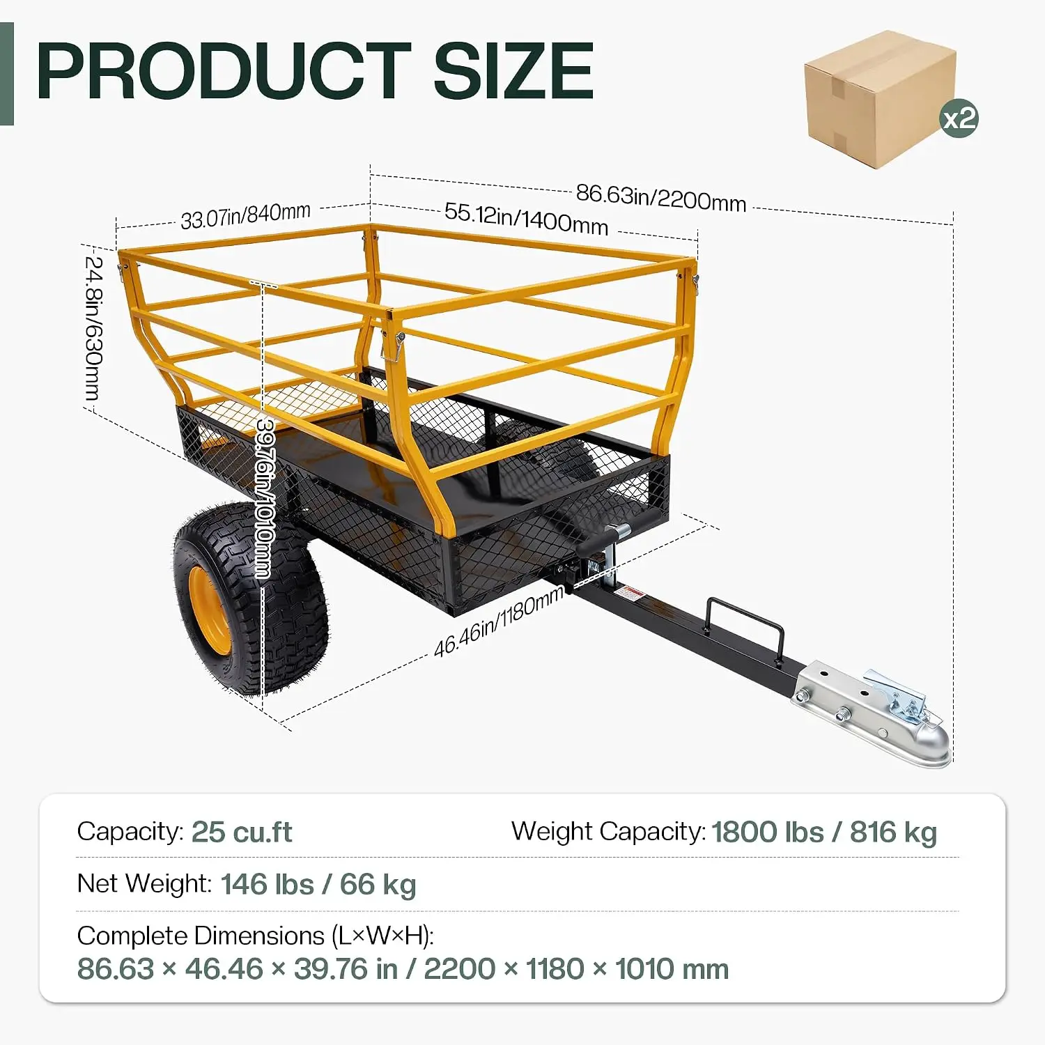 Heavy-Duty Utility Trailer and Tow-Behind Dump Cart, 1800 LBS Capacity