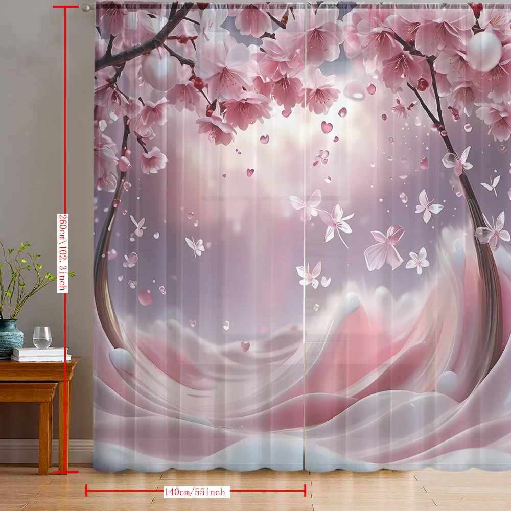 2PCS Home decoration printed window screens, pink cherry blossom mountains, with pole bags, suitable for kitchens, cafes, living