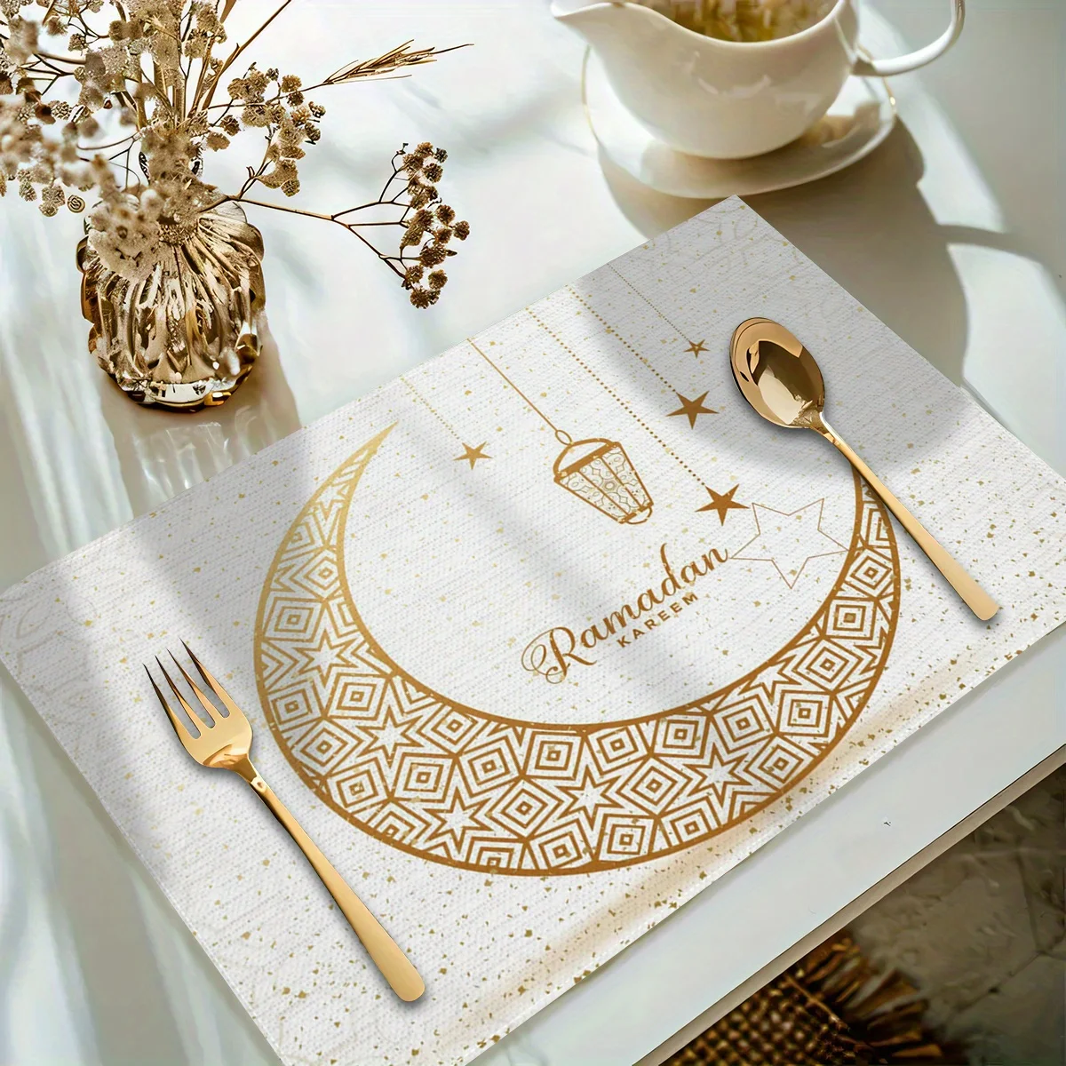 Linen Placemats, Ramadan Moon Flowers pattern, Heat Resistant, Easy to Clean