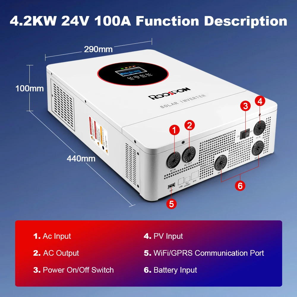 RDDSPON Hybrid Solar Inverter 4.2KW 6.2KW On Grid Pure Sine Wave Inverter 24V 48V 220V With MPPT 80A 100A PV Charger Controllers