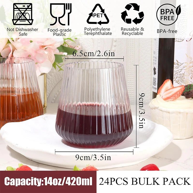 24 Pcs 14oz Disposable Wine Glasses Unbreakable Clear Plastic Cocktail Glasses Recyclable Shatterproof Reusable Wine Cups JT432