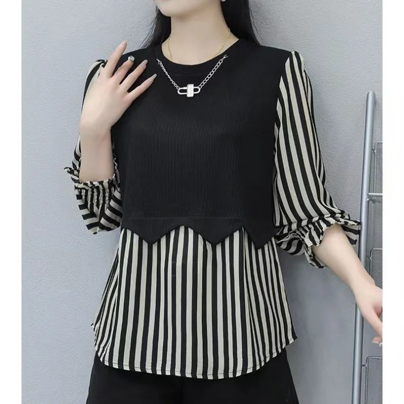 Fashion Woman Blouses 2023 Spring Autumn Crew Neck Long Sleeve Princess Sleeve Commuter Casual Preppy Style Striped Pullovers