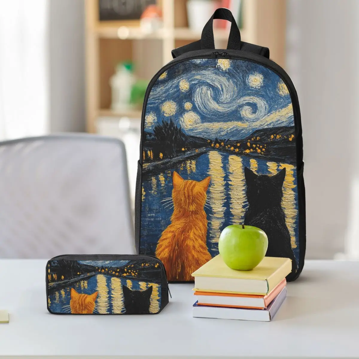 Starry Night Cats Artistic Backpack Boys Girls BookBag School Bag Shoulder Bags 3ps Insulated Lunch Bag Pencil Case