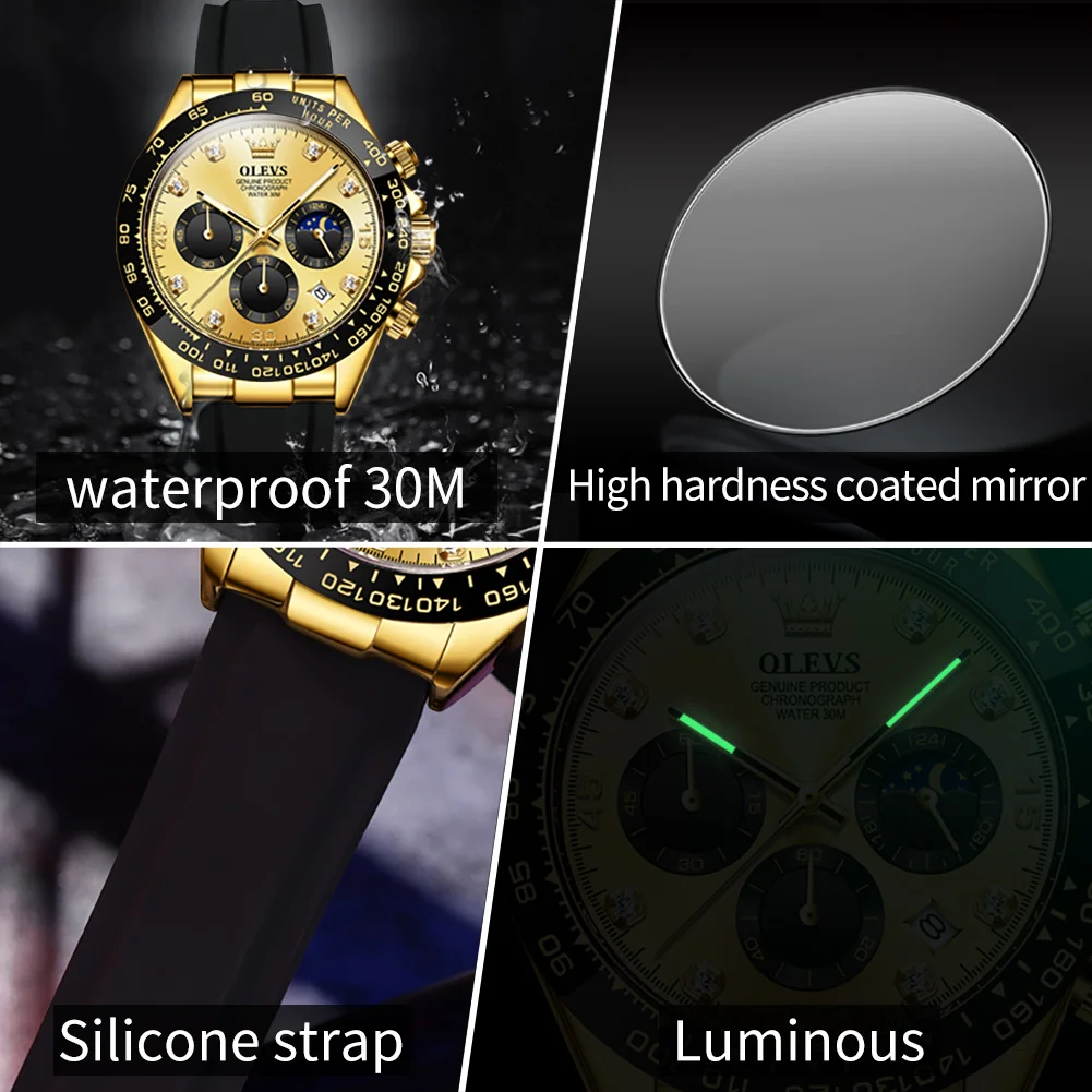 OLEVS Luxury Men Watch Quartz Watches Waterproof Luminous Top Brand Watch for Men Date Chronograph Moon Phase Sport Wristwatch